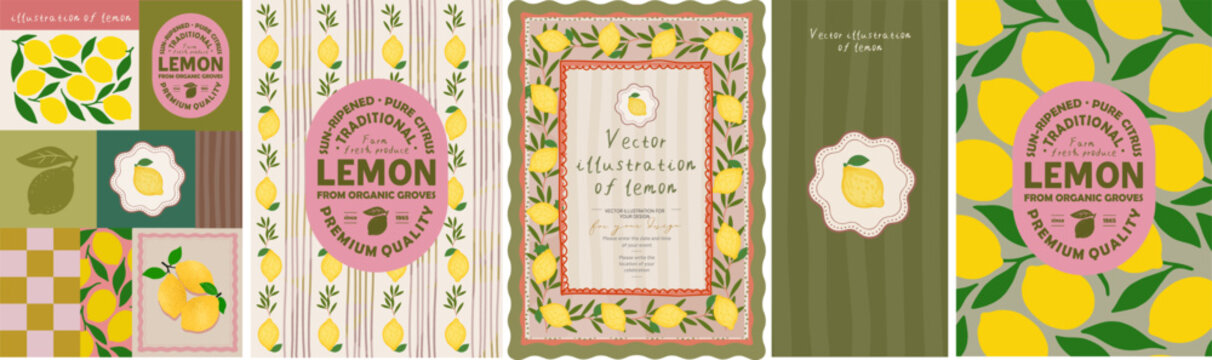 Lemons. Summer italian and french mediterranean lemon illustrations, vintage invitation, lemons label, packaging, print, logo, seamless pattern for background, card and poster