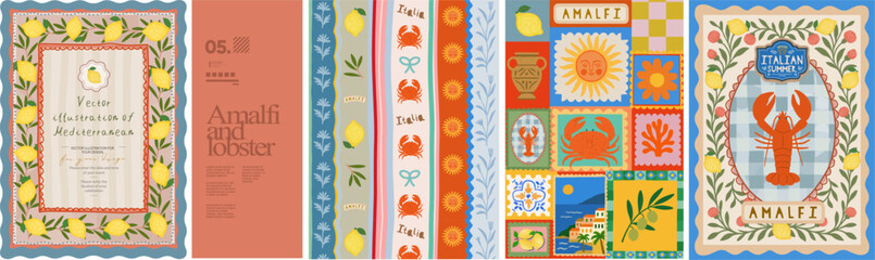 Obraz na płótnie Canvas Italian Mediterranean print. Amalfi. Vector illustrations of lemons, lobster, crab, aesthetic invitation, seamless striped pattern, postage stamps for poster, background or greeting card