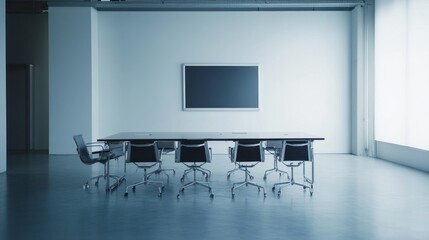 Empty conference room with long table, chairs, and blank screen