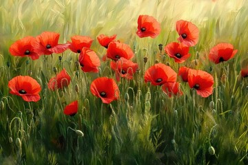 vibrant red poppies blooming in a lush green field under soft natural light, evoking a peaceful and warm atmosphere