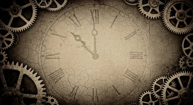 A steampunk grunge background with rusted metal gears and a faint clock face on a heavily textured, aged, and rustic surface