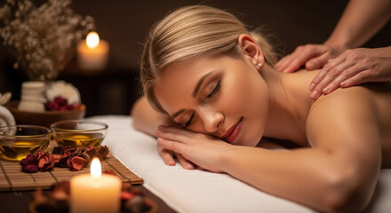 A relaxed woman receiving a professional back massage at a luxury spa. A serene wellness and self-care concept with a candle and therapeutic atmosphere