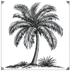 Detailed black and white sketch of a tall palm tree with large fronds and surrounding grass on a small patch of ground