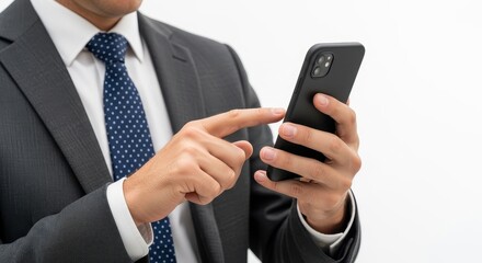 Businessman using smartphone on white background