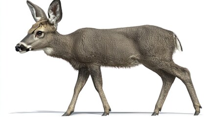 Fototapeta premium A young deer gracefully walks against a white backdrop. Its coat is a muted grey-brown