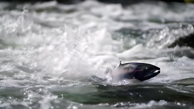 Leaping fish swims upstream in turbulent water