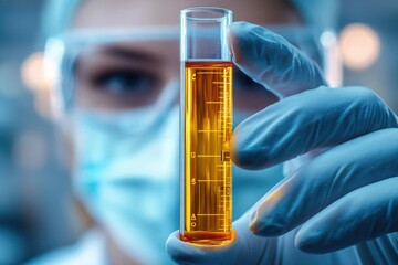 Scientist carefully holding a test tube with amber liquid in a laboratory setting with focused eyes behind protective mask and goggles