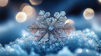 Highly detailed close-up of a single snowflake resting on a bed of sparkling snow crystals with soft bokeh lights in the background creating a serene winter atmosphere