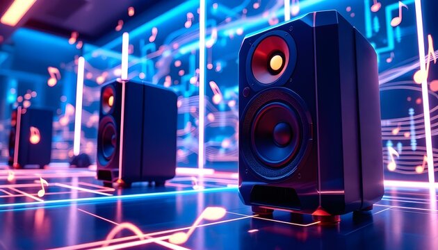 Realistic wireless audio system with multiple speakers connected by glowing neon lines, surrounded by floating digital music notes and holographic effects.
