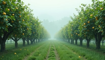 Naklejka premium Morning forest road through a peaceful park with trees and sunlight