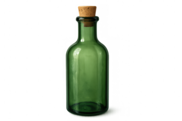 Studio shot of a classic green glass bottle with a cork lid, isolated on a transparent background