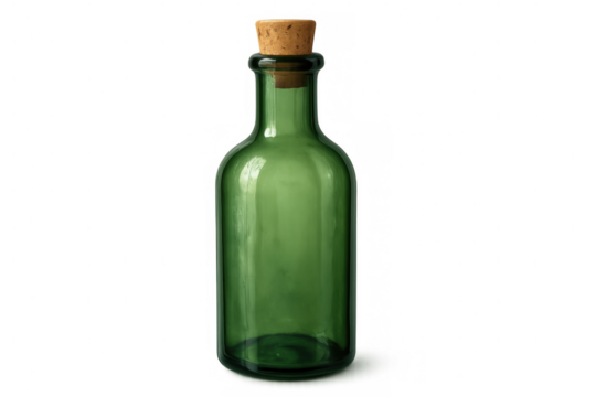 Studio shot of a classic green glass bottle with a cork lid, isolated on a transparent background