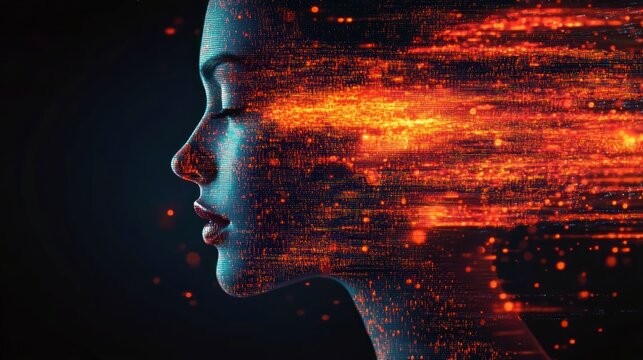 Profile of a contemplative human face composed of digital data streams merging into flowing fiery orange particles symbolizing thought and technology connection