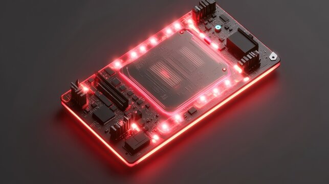 High-tech circuit board, red glowing LEDs