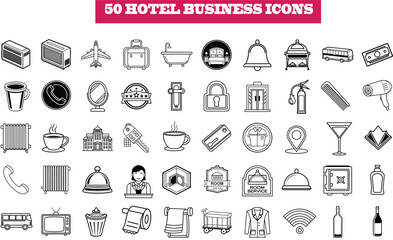 Collection of 50 professional hotel and business service icons for digital and print use