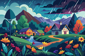 Rainy Mountain Village Landscape Illustration