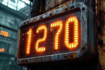 Close-up of a weathered digital display showing the number 1270 with glowing orange digits in an industrial setting