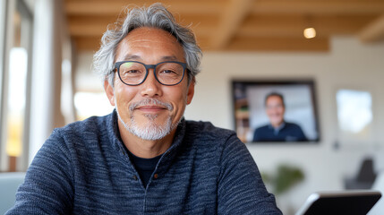A cheerful older man smiles while working from home on a video call, showcasing a relaxed and friendly atmosphere.