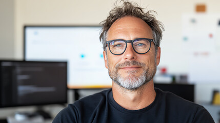 A confident man with glasses poses in an office environment, showcasing professionalism and creativity in his work.