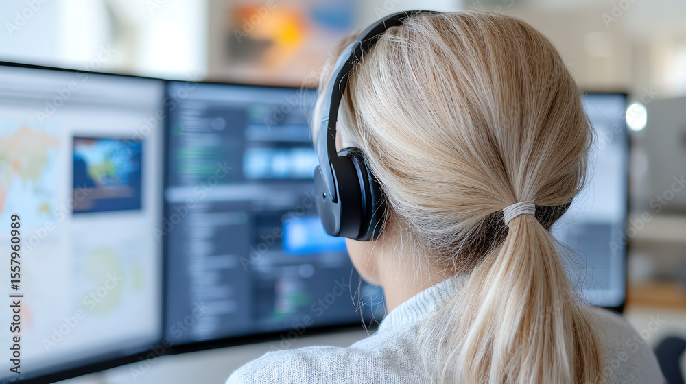 Poster A focused individual wearing headphones works at a computer with multiple screens displaying data and charts.