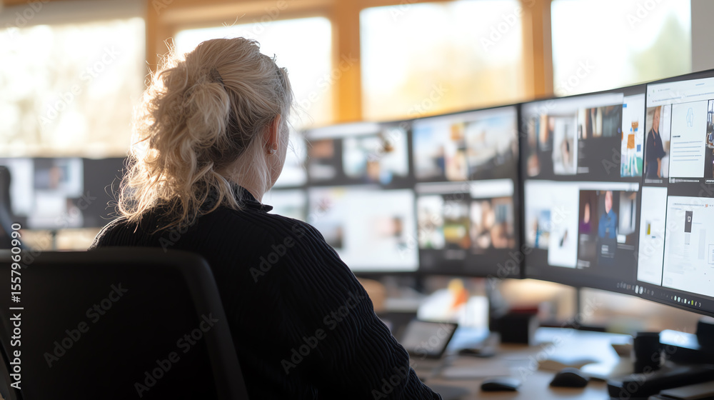 Aufkleber A focused individual working at a modern desk with multiple computer monitors displaying various applications and data.