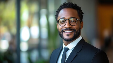 Fototapeta premium Portrait of a cheerful man wearing glasses and a black suit with tie smiling indoors with blurred background