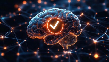 Glowing digital brain connected by luminous neural network with central checkmark symbol representing validation or cognitive accuracy