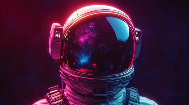 Close-up of astronaut helmet reflecting colorful galaxy and stars with a glowing neon pink and blue light ambiance
