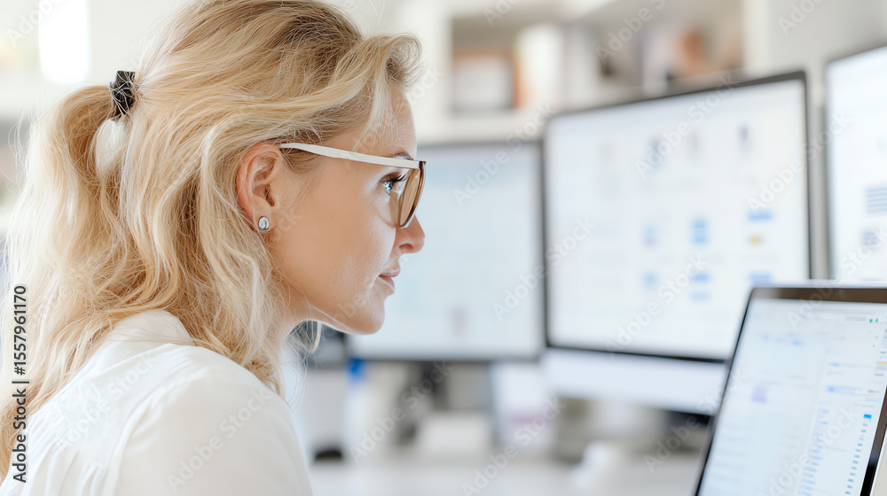 Poster A focused woman working at a computer, engaged in a task with multiple screens displaying information in a modern office setting.
