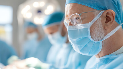 A focused surgeon in scrubs performs a complex operation in a modern surgical environment, showcasing dedication and expertise.