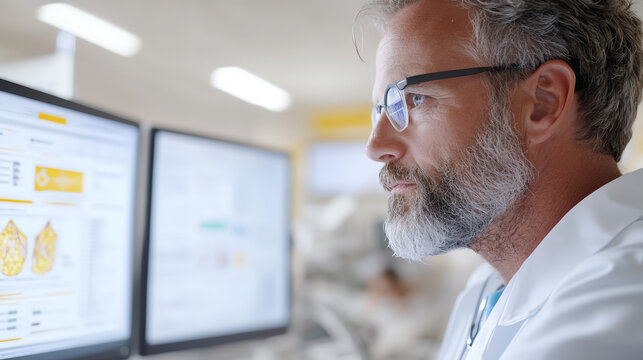 A focused scientist analyzes data on a computer screen in a laboratory setting, reflecting dedication and attention to detail.