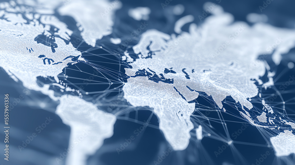 Poster A modern digital map showcasing global connectivity through lines, representing data flow and communication across continents.