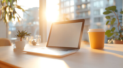 Fototapeta premium A modern workspace featuring a laptop, coffee cup, and greenery, illuminated by warm sunlight, perfect for productivity.