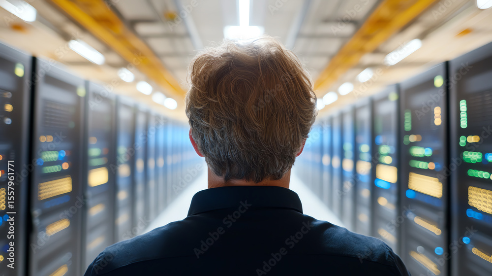 Aufkleber A technician monitors servers in a modern data center, showcasing the intricate network of technology and innovation.