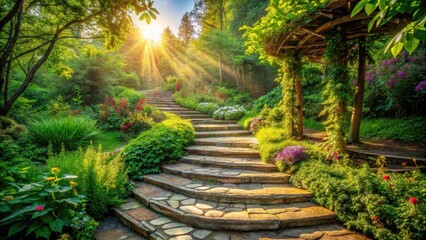 Obraz premium Sunlit Garden Path Ascending Through Lush Greenery and Blooming Flowers with a Rustic Arbor
