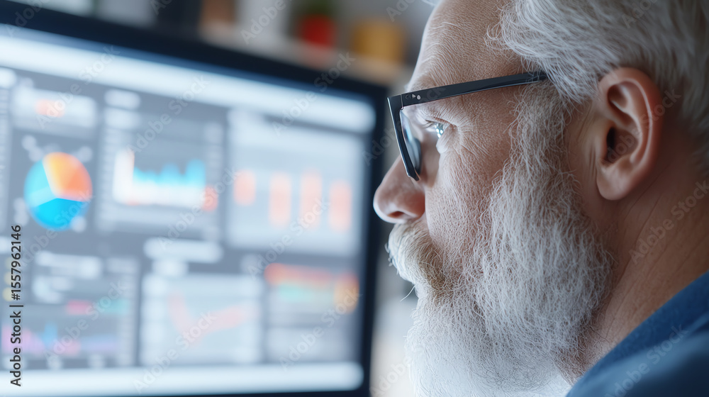 Aufkleber An elderly man analyzes complex data on a computer screen, showcasing the intersection of technology and analytics in modern business.