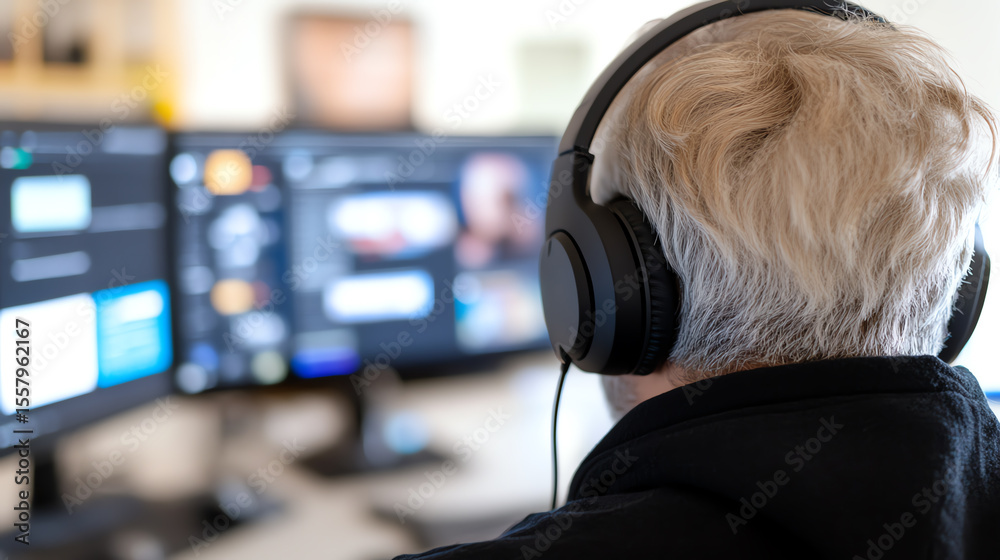 Poster an individual wearing headphones engages with dual computer screens, representing focused work and m