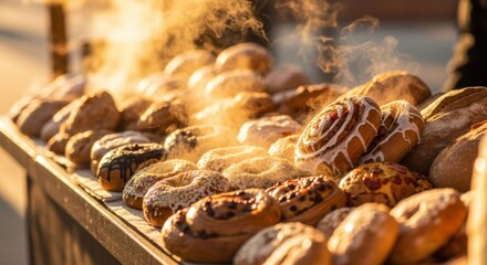 Warm Freshly Baked Goods and Pastries on Display at an Outdoor Market