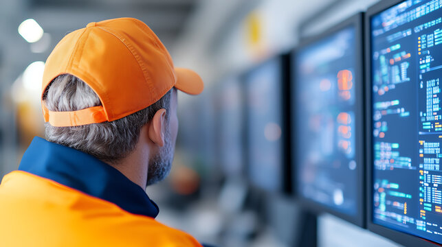 A worker in an orange cap and jacket reviews data on multiple monitors in a modern industrial setting.