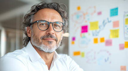 Confident businessman with glasses in a modern workspace, surrounded by colorful sticky notes and ideas on the wall.