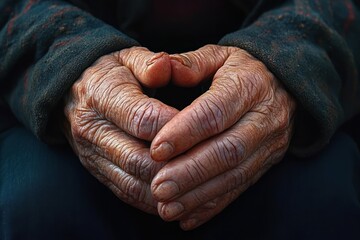 Fototapeta premium close-up of old wrinkled hands clasped together showing weathered skin texture and signs of aging