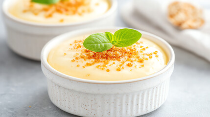 Delicious vanilla custard served in a white ceramic bowl, garnished with mint leaves and caramel sprinkle, perfect for dessert lovers.