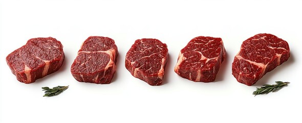 Five fresh raw beef steaks arranged in a row with two sprigs of rosemary on a white background, showcasing rich red meat texture and marbling