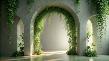 Fototapeta premium Serene Interior Design Lush Greenery Frames Architectural Arches in a Tranquil Space