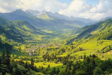 Obraz premium Sunny mountain valley with green forests and small village surrounded by lush hills and distant rugged peaks under a bright sky