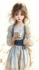 Young girl with soft facial features wearing a vintage-style dress and denim apron, holding a small cup with a calm and serene expression