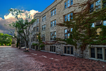 10 Aug 2024 - University of Guelph, ON, Canada. Treelined, brick passage adding to the beauty of the University environment.