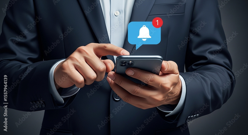 Poster A businessman checking his phone for notifications with a bell icon in a speech bubble overlay