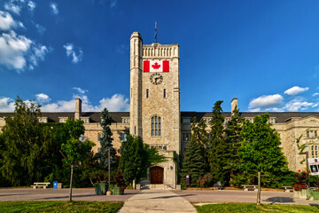 10 Aug 2024 - University of Guelph, ON, Canada. The main university building stands majestic built in solid stone.