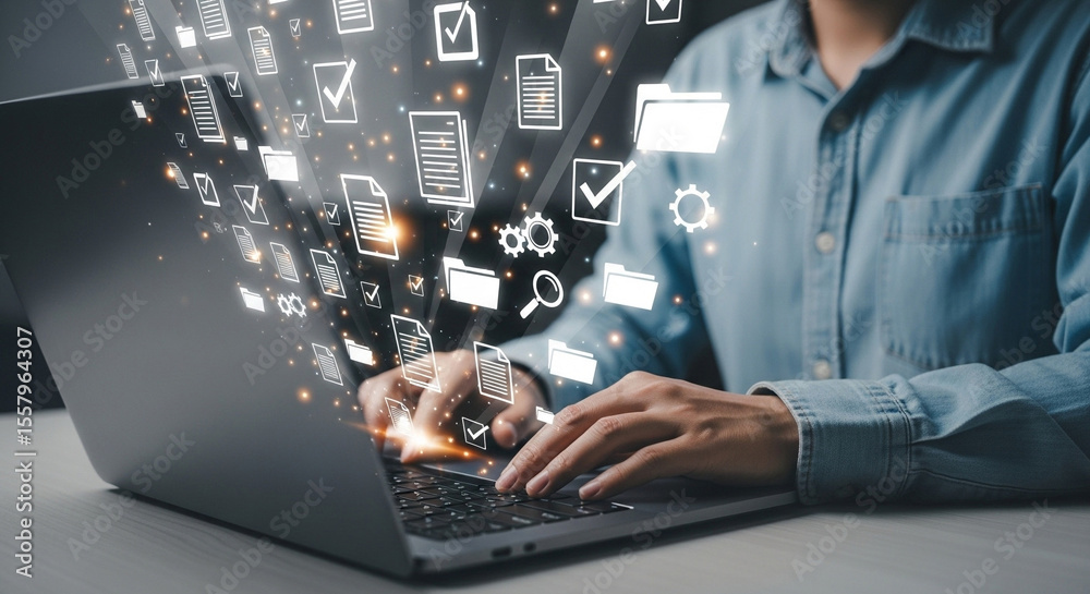 Aufkleber Person typing on laptop with digital document icons floating above the keyboard and screen area
